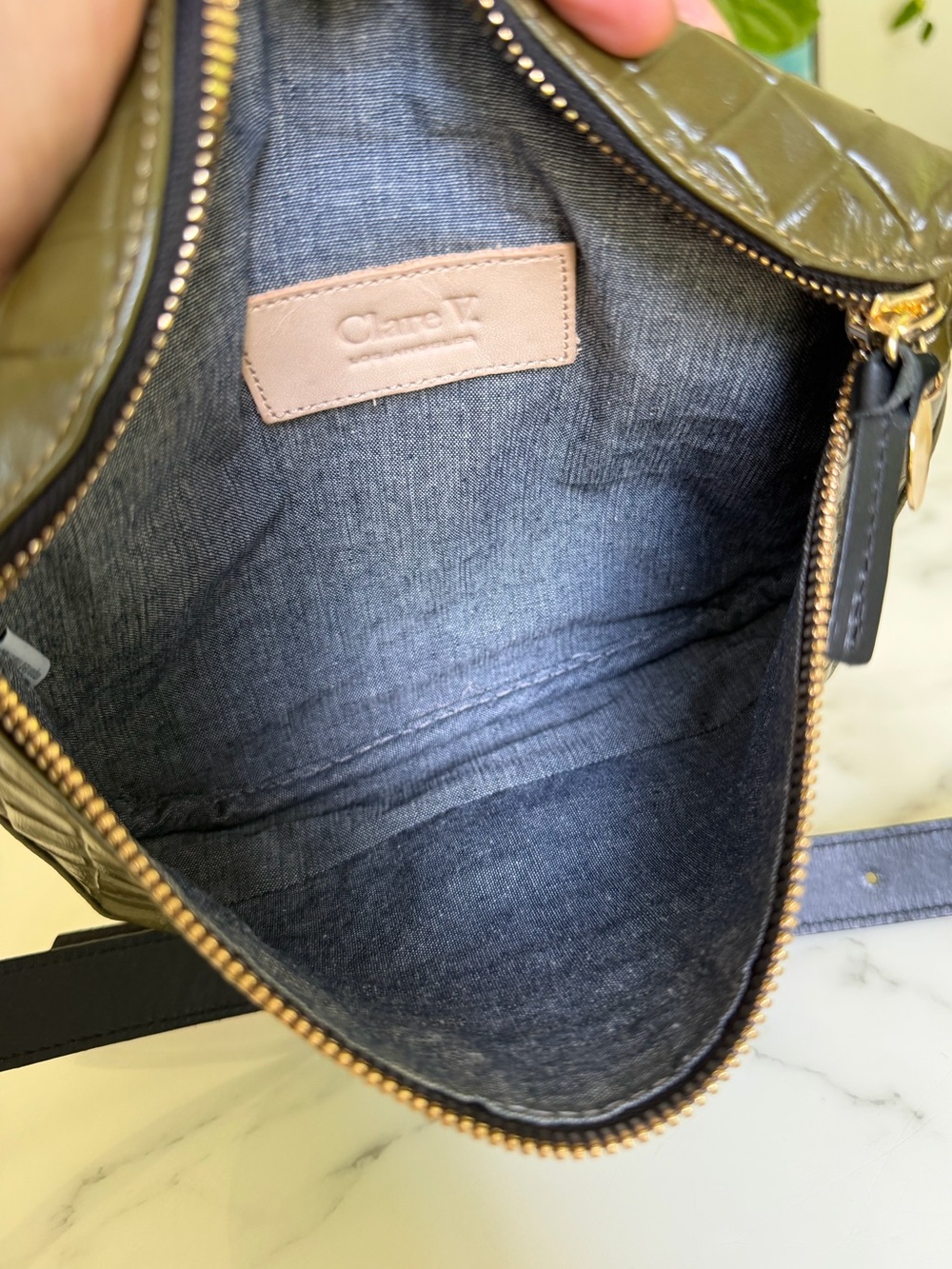 Clare V. Fanny Pack Crossbody Belt Bag Olive Green Croc Embossed Leather - Picture 8 of 8
